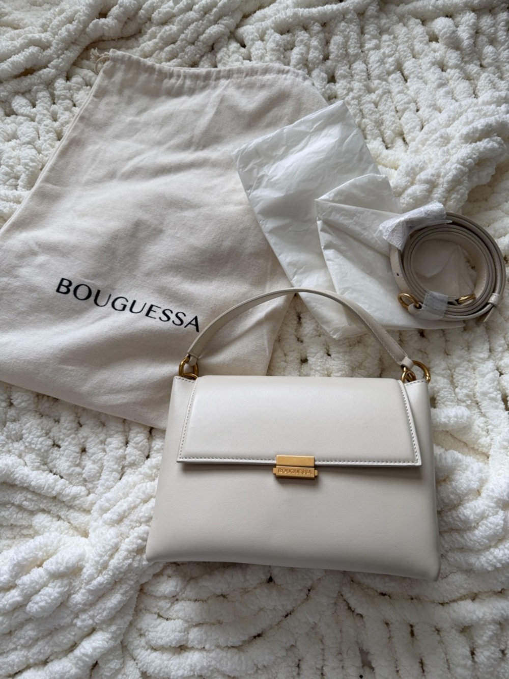 BOUGUESSA OUNASSA Cream Leather Top-Handle Satchel with Gold Hardware